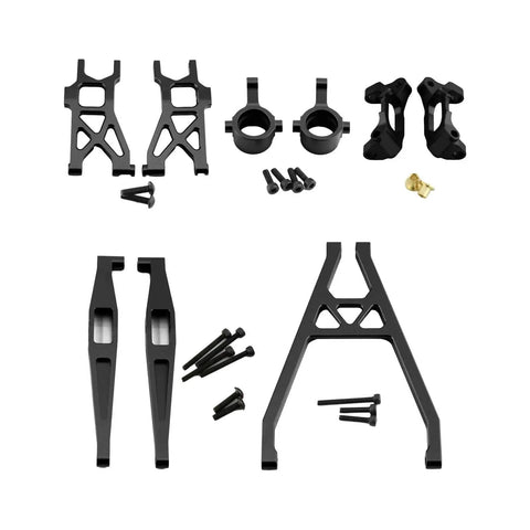 Built Like Steel 1/18 Scale Rc Car Suspension Kit Featuring Bombproof Aluminum C Hubs Front Lower And Rear Lower Arms Coupled With Precision Steering Cups, black aluminum parts and screws.
