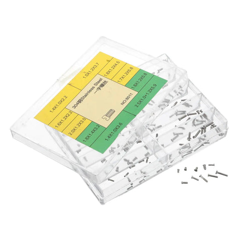 Essential Stainless Steel Watch Repair Screw Set Including Ten Individual Micro Screw Varieties For Case Back Strap Links And Clasp Maintenance Gear Built For Rapid Timepiece Adjustments And Keeping Your Pro Workbench Fully Loaded in clear case.