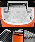 Portable Countertop Ice Maker Machine Rapid Six Minute Freeze with transparent ice cubes in orange unit for home use.