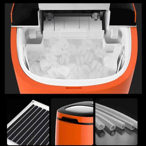Portable Countertop Ice Maker Machine Rapid Six Minute Freeze with transparent ice cubes in orange unit for home use.