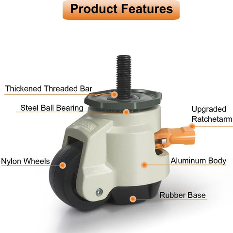 Heavy Duty Leveling Stem Casters Set Of 4 With M12 Threads, featuring upgraded ratchet arm and nylon wheels, 2200 lbs capacity, close-up view