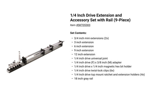 27 Piece Drive Extension And Accessory Set With Rails And Tray For One Quarter Inch, Three Eighth Inch And One Half Inch Drive Tools