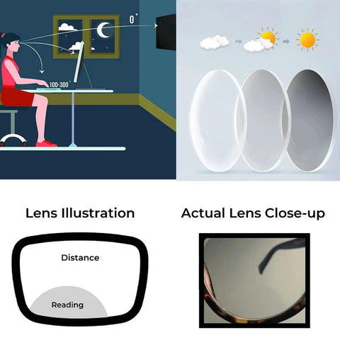 Infographic of Multifocal Reading Glasses With Photochromic Lenses For Indoor Reading And Outdoor Use Adjustable Frame Presbyopic Magnifying Eyewear Black 1.75 Power Not Sunglasses Gray Tint Outdoors Pro Grade, showing lens transformation from clear to gray and a lens close-up.