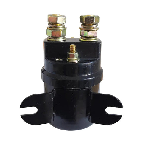 Built Tough Dc Contactor Motor Start Switch For Electric Forklift Stacker And Pallet Truck Supporting 12 24 And 48 Volt Systems While Cranking Hard Without Breaking A Sweat, showcasing durable black housing and connection terminals.
