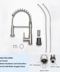 Brushed Nickel Kitchen Faucet With Pull Down Sprayer, assembly parts and hoses shown, for Farmhouse, RV, Laundry, Bar Sink setup, 1 Hole Mount