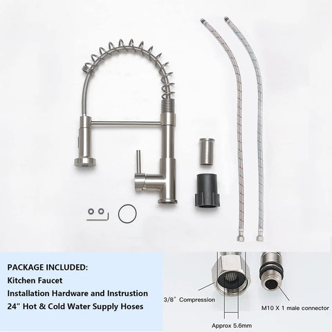 Brushed Nickel Kitchen Faucet With Pull Down Sprayer, assembly parts and hoses shown, for Farmhouse, RV, Laundry, Bar Sink setup, 1 Hole Mount