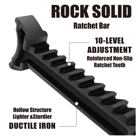 Rock Solid ratchet bar, black ductile iron with 10-level adjustable teeth