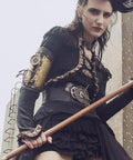 Badass Steampunk Arm Sleeve Cosplay Anime Accessory Featuring Mechanical Compass Prop Leather Gear Designed For Women Role Playing Costume Kick Ass Style And Rad Vintage Vibes worn by model with bold expression outdoors