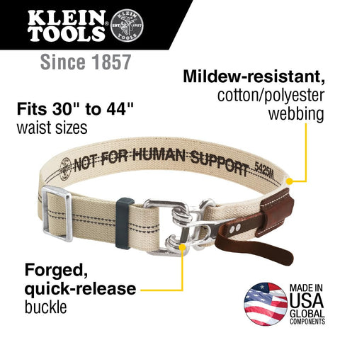 Heavy Duty Tool Belt With Mildew Resistant Cotton Polyester Webbing And A Forged Quick Release Buckle For Fast Disengagement On The Job Medium Fits 30 To 44 Inch Waists Great For Ironworkers Framers Carpenters And Electricians displayed in front view with buckle detail, medium size.
