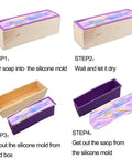 DIY Soap Making Cutting Kit With Two Purple Silicone Molds In Wood Boxes Adjustable Wood Cutter And Stainless Steel Wavy And Straight Scrapers For Quick Hands On Soap Crafting steps.