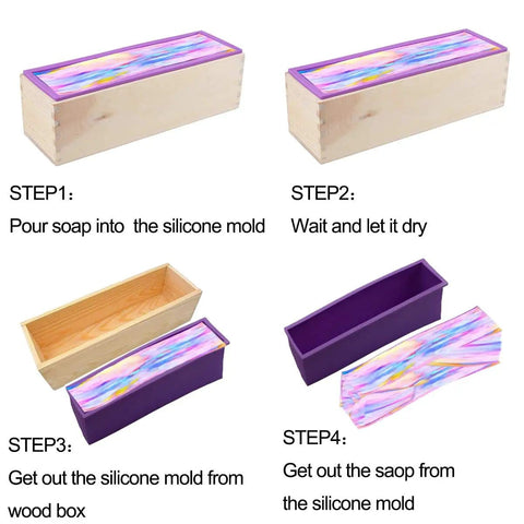 DIY Soap Making Cutting Kit With Two Purple Silicone Molds In Wood Boxes Adjustable Wood Cutter And Stainless Steel Wavy And Straight Scrapers For Quick Hands On Soap Crafting steps.