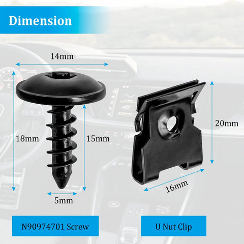 Dimensions of screw and U nut from 15 Pcs Front Bumper Clips Screws U Nut Kit Replacement For VW And Audi Cars Fit Golf Passat Tiguan