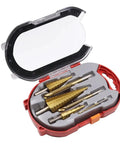 Six Piece Step Drill Bit Kit With Cool Triangle Handles For Metal And Wood, Heavy Duty HSS Hole Cutter Tool For Electric Drills And Bench Tools That Works Like A Champ. six-piece HSS step drill bit set in open red case