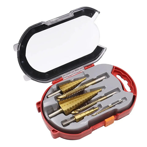 Six Piece Step Drill Bit Kit With Cool Triangle Handles For Metal And Wood, Heavy Duty HSS Hole Cutter Tool For Electric Drills And Bench Tools That Works Like A Champ. six-piece HSS step drill bit set in open red case