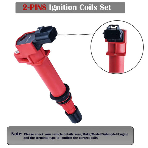 Close-up of a red 2-pin ignition coil from Six Pack Ignition Coils for 3.7L V6 Fits 2002-2008 Jeep Grand Cherokee Liberty Commander 2002-2008 Ram 1500 Durango Dakota Nitro 2006-2009 Mitsubishi Raider Replaces UF270.