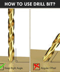 Diagram showing correct and incorrect usage of 230 Piece Titanium Twist Drill Bit Set For Sheet Metal Wood And Plastic With Quick Change Shank.