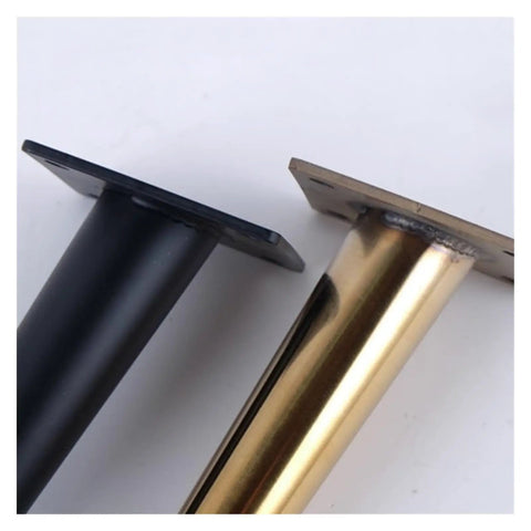 Close-up of black and gold adjustable aluminum furniture legs, showcasing 9.8 inch steel feet for sofas and cabinets.