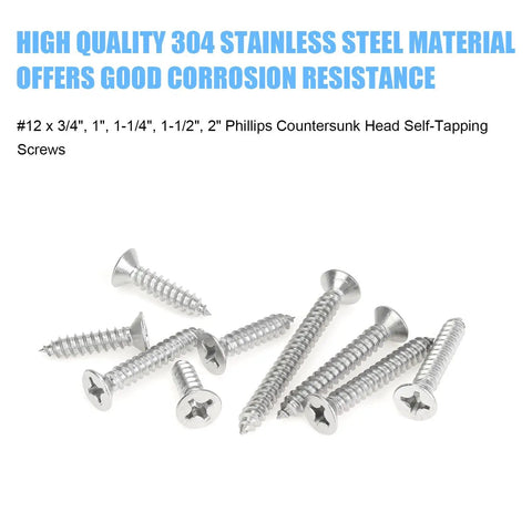 Sixty Piece Size Twelve Stainless Steel Wood Screw Assortment Kit With Countersunk Phillips Heads And Self Tapping Design For Deck Building Furniture Upgrade And Heavy Duty Jobs That Are Absolutely Dope And Built Tough, showing various lengths.