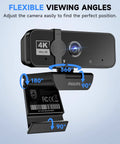 4K Webcam For PC With Built In Microphone showing adjustable angles, 360 rotation and flexible positioning for easy use.
