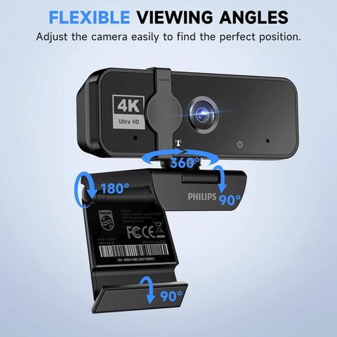 4K Webcam For PC With Built In Microphone showing adjustable angles, 360 rotation and flexible positioning for easy use.
