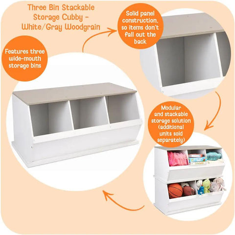 Three Bin Stackable Toy Storage Cubby Organizer For Kids Playroom And Bedroom Expandable Modular Toy Storage System