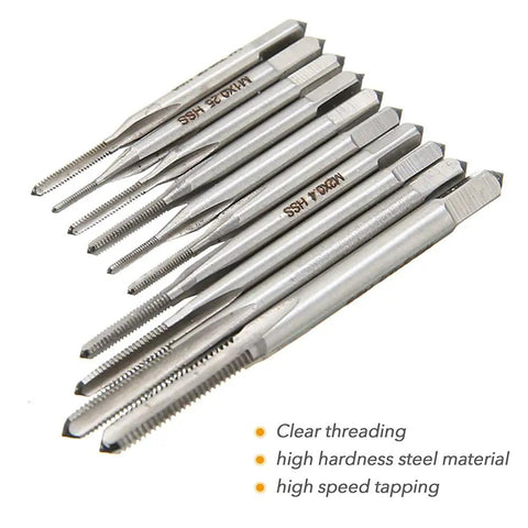 Compact 10 Piece Pro Grade HSS Micro Tap Set M1 To M3.5 With Adjustable Tap Wrench for threading in home workshops.