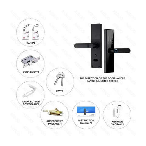 Sleek Black WiFi Smart Door Lock Featuring Fingerprint And Password Entry With App Control IC Card Backup Dead Easy Setup No Sweat Operation Solid Protection For Your Front Door Upgrade showing installation components.