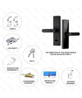Top Shelf WiFi Smart Door Lock Boasting Fingerprint Password And IC Card Access With Tuya App Remote Control And USB Charging Slick Red Bronze Design That Slays In Style And Safety showing lock components and accessories.
