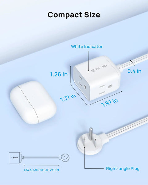 Compact Six Foot Flat Extension Cord With Right Angled Plug, 3 Outlet Power Strip, ETL Listed, 13A 125V, Dimensions Shown