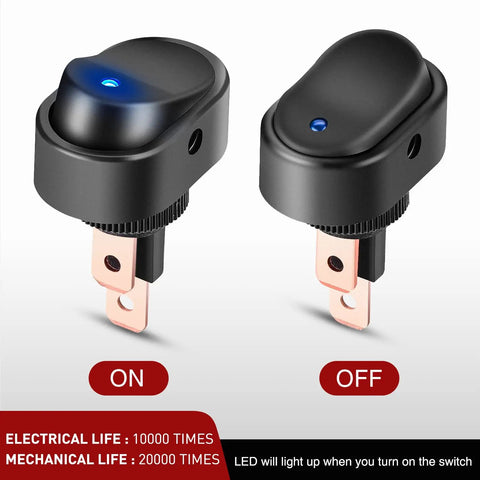 Five Pack LED Lighted Rocker Switch Set 12V Blue LED Illuminated Toggle On Off 30A 3Pin SPST Oval 12mm Hole with on-off labels