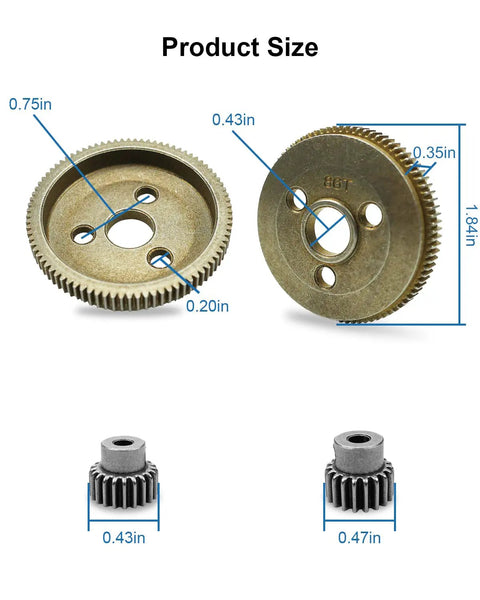 Beefed Up Heavy Duty Steel Spur Gear Set 48P 86T size details for 1/10 Traxxas Slash 2WD Rustler Stampede with 19T and 21T pinions
