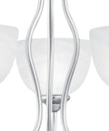 Close-up of Tahoe Three Light Chandelier In Brushed Nickel Finish With White Glass Traditional Style Ceiling Fixture for living room.
