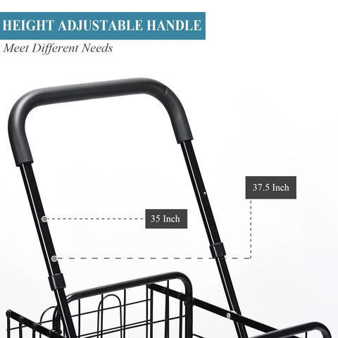 Heavy Duty Foldable Grocery Cart With Adjustable Handle showing 35 to 37.5 inch range, Lightweight Utility Trolley for Groceries