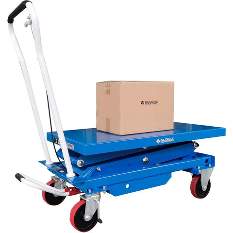 Mobile Double Scissor Lift Table With 39 By 20 Platform And 1100 Lbs Capacity featuring a blue platform and a cardboard box on top.