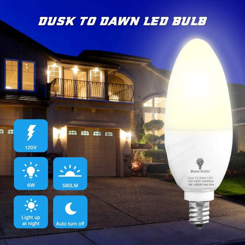 Six Pack Dusk To Dawn LED Bulbs With Smart Light Sensor E12 Candelabra Base 6W Consumption 65W Equivalent 3000K