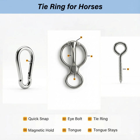 Heavy Duty Stainless Steel Horse Tie Ring With Eye Bolt And Quick Snap For Safe Humane Tethering Magnetic Locking Release Design