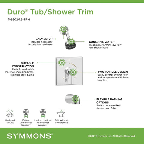 Duro Tub And Shower Trim Kit With Single Handle Round Showerhead And 7 Inch Non Diverter Spout Polished Chrome 1.5 GPM Valve Not Included