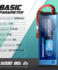 Beefy 5200mAh 2S 7.4V 80C LiPo RC Battery Hard Case With T Plug for hobbyists, featuring specs like discharge rate and configuration.