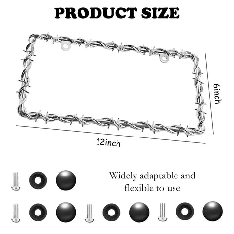 Edgy Barbed Wire Design License Plate Frame With Screws, Silver Chain Link Style Plate Frame For Cars And Trucks, 12x6 inch size