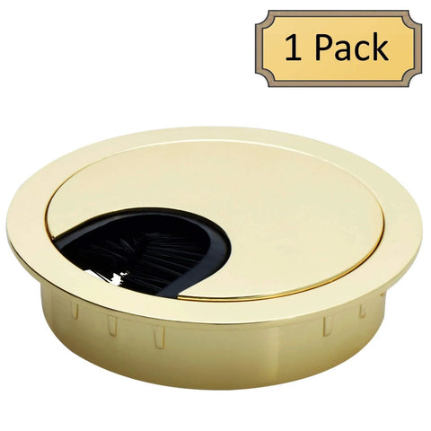 Polished Brass Metal Cable Grommet With 2 Piece Lock In Feature And Brush Opening For Office And Computer Desk Wire Management, 60mm Hole