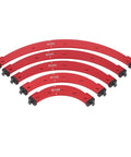 Heavy Duty Dead On Precision Aluminum Alloy Corner Jig Template Set For Woodworking Router Projects Sharp Internal And External Edge Trimming Guide R100 to R300 Sizes Red curved jigs for precise routing.