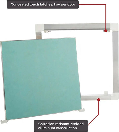 Seamless Touch Latch Drywall Access Door For Walls And Ceilings Invisible Flush Fit Dead Silent Frame Custom Finish Ready Zero Visible Hardware Top Shelf Hidden Panel 12 By 12 Inches with concealed touch latches.