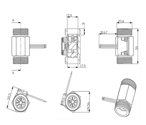 Technical drawing of a Three Quarter Inch Stainless Steel Water Flow Sensor Flowmeter Turbine Meter With 1.75 MPa Rating DC 3.5 To 24V NPN Hall Output