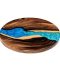 16 Inch Reversible Epoxy Wood Lazy Susan with Blue Gradient Marble Surface, dining table and kitchen use, shown flat