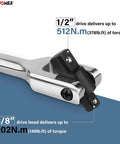 Close-up of Beefy Three Piece Breaker Bar Set With Fifteen And Eighteen Inch Dual Drive One Half Inch And Three Eighth Inch Bars Plus A Ten Inch Short Bar, 360 Degree Rotating Phosphated Heads And Ergonomic Non Slip Knurled Handles showing torque specifications.