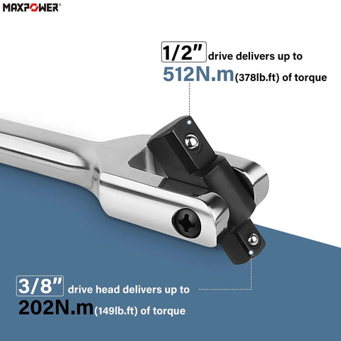 Close-up of Beefy Three Piece Breaker Bar Set With Fifteen And Eighteen Inch Dual Drive One Half Inch And Three Eighth Inch Bars Plus A Ten Inch Short Bar, 360 Degree Rotating Phosphated Heads And Ergonomic Non Slip Knurled Handles showing torque specifications.
