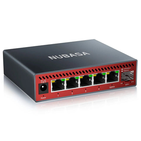 Front view of Five Port 2.5G Ethernet Switch with 10Gb SFP Plus Uplink for NAS Gaming and PC, featuring a compact aluminum housing.