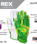 T Rex Windstorm Series ANSI A6 Goatskin Palm Impact Gloves Size 9 Large for heavy duty work, showing back of hand protection and ventilation.