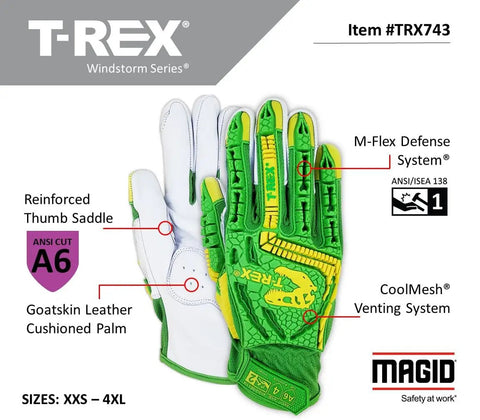 T Rex Windstorm Series ANSI A6 Goatskin Palm Impact Gloves Size 9 Large for heavy duty work, showing back of hand protection and ventilation.
