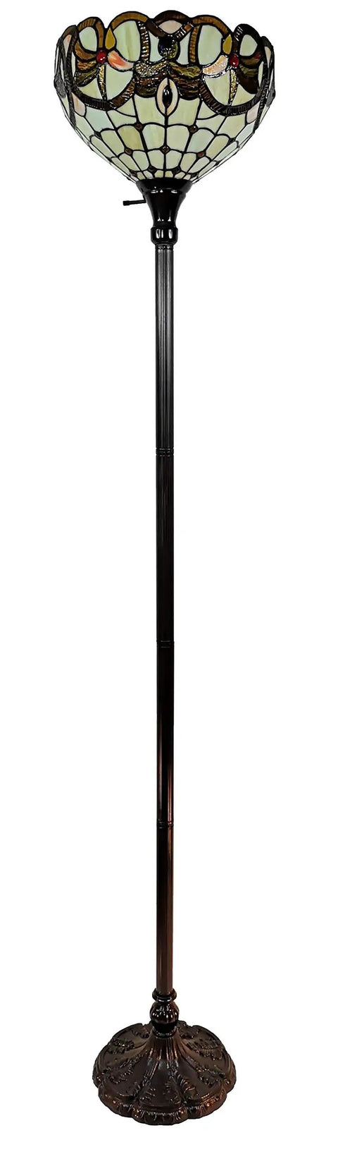 Tiffany Style Floor Lamp Torchiere Standing 72 Inch Tall Stained Glass Brown Red Tan Retro Vintage Decor For Bedroom And Living Room Reading Gift LED Compatible